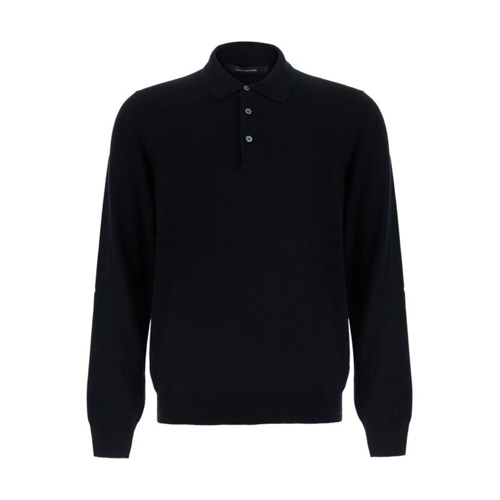 Tagliatore Men Black Sweater With Polo Style Collar In Wool Blend For Men